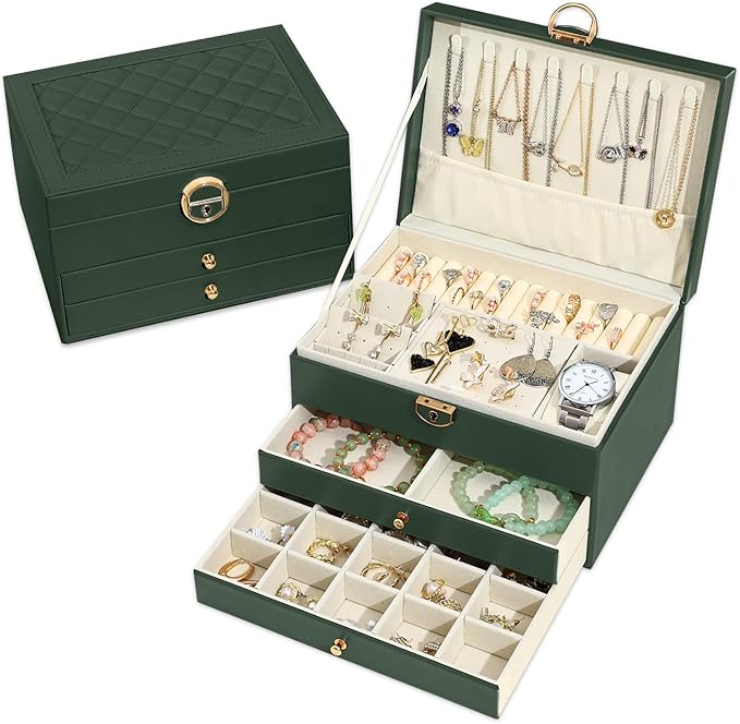 Granbest 3 Layers Jewellery Box with 2 Drawers, Elegant Jewellery Organiser, Leather Jewellery Storage Case Ideal for Necklaces, Bracelets, Rings and Earrings (Dark Green)