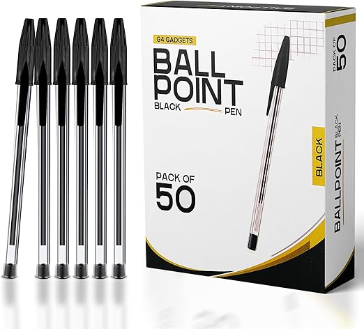 G4GADGET Premium Pack of 50 - Medium Tip Fluent Smooth Writing Black Biro Ballpoint Pens,14.5cm