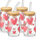 Glass Cups with Lids and Straws with Design Pink Hearts 4 pcs,Clear Glass Cups 16 oz-Glass Tumbler,Cute Glass Iced Coffee Cups with Lids and Straws