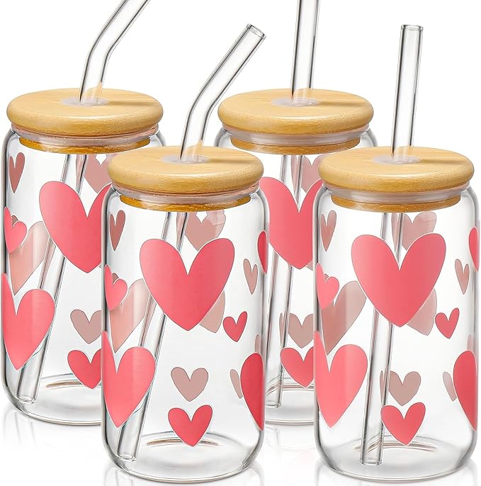 Glass Cups with Lids and Straws with Design Pink Hearts 4 pcs,Clear Glass Cups 16 oz-Glass Tumbler,Cute Glass Iced Coffee Cups with Lids and Straws