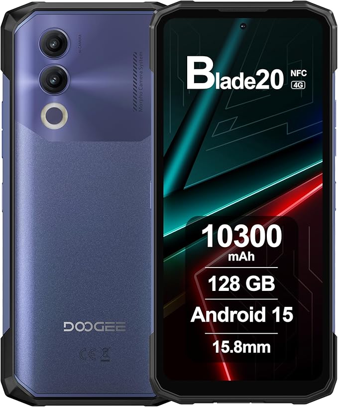 DOOGEE Rugged Smartphone Blade 20, 20GB+128GB, 10300mAh Battery&15.8mm Slim, 6.6'' All-Screen Display, 16MP AI Camera, Triple Card Slot, Android 15 Outdoor Phone, Fingerprint NFC Purple