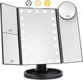 Lighted Makeup Mirror with 22 LED Lights, Dual Power Supply 1x/2x/3x/10x Magnifying Touch Screen Dimmable Mirror, 180 Degree Adjustable Angle, Travel Cosmetic Mirror - Black