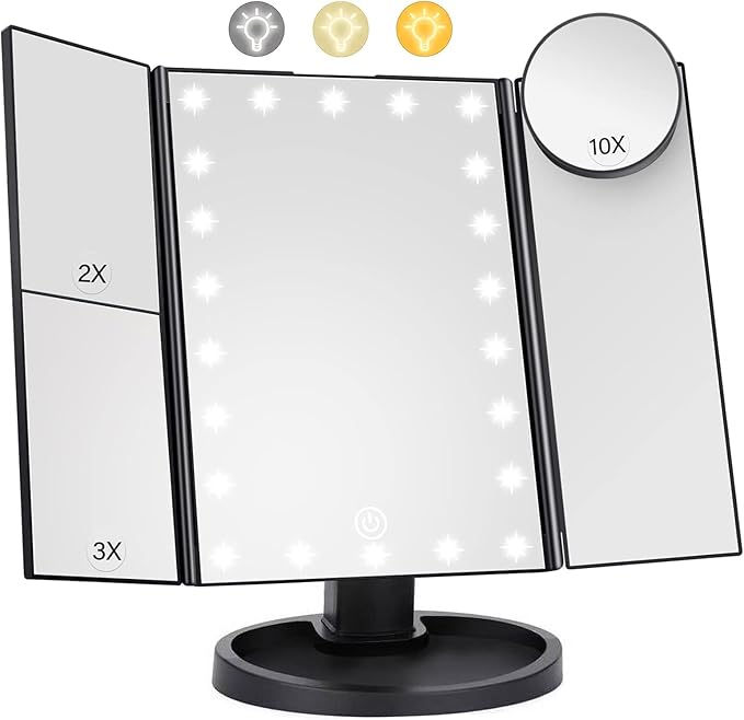 Lighted Makeup Mirror with 22 LED Lights, Dual Power Supply 1x/2x/3x/10x Magnifying Touch Screen Dimmable Mirror, 180 Degree Adjustable Angle, Travel Cosmetic Mirror - Black