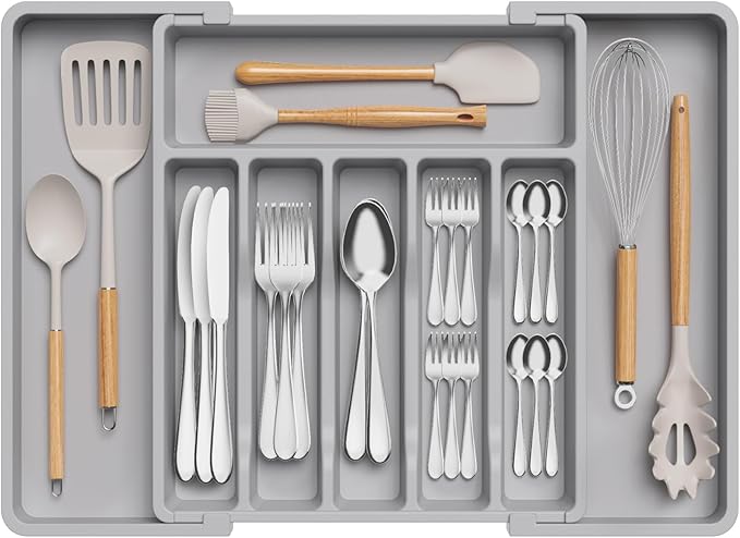 Lifewit Extendable Cutlery Drawer Organiser, Adjustable Cutlery Tray, Plastic Adjustable Kitchen Storage Dividers for Utensil Spoons Forks Knives, 8 Compartments, 33-57 x 38cm, Grey