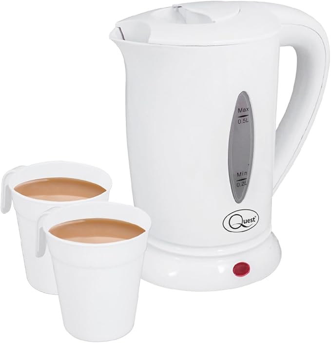 Quest White Compact Travel Kettle, 0.5 Litres, 600 Watt & Dual Voltage for Worldwide Use, Includes 2 Lightweight Cups, Auto Cut-Off Switch, Fits in Bags & Suitcases (35440)