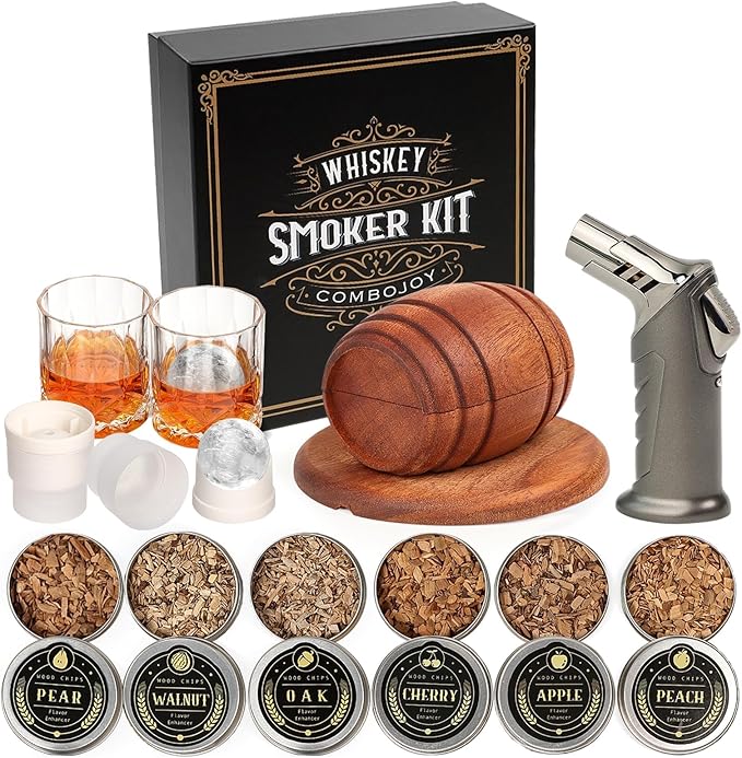 Whiskey Smoker Kit with Torch - 6 Flavors Wood Chips, 2 Glasses, 2 Ice Ball Molds - Cocktail Smoker Infuser Kit, Old Fashioned Drink Smoker Kit, Birthday Bourbon Gifts for Men,Dad(NO Butane)