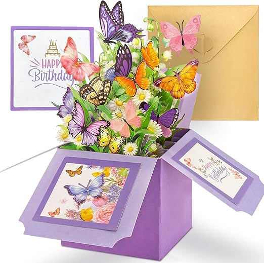 Butterfly Flower Birthday Cards for Women, 3D Pop Up Happy Birthday Cards Box for Female, Pop-up Gift Box with Envelope Blank Cards, Greeting Cards for Daughter Wife Sister Mum Gift Decoration
