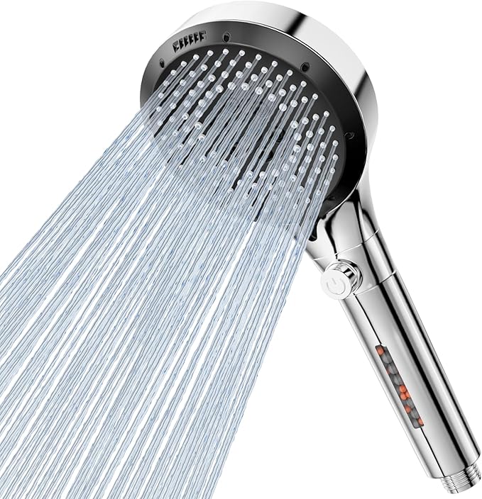 Vinabo Hard Water Filter Shower Head, High Pressure Shower Heads with 6 Modes, Water Saving Shower Head with Pause Switch for Residual Chlorine Remove (Silver/Chrome)