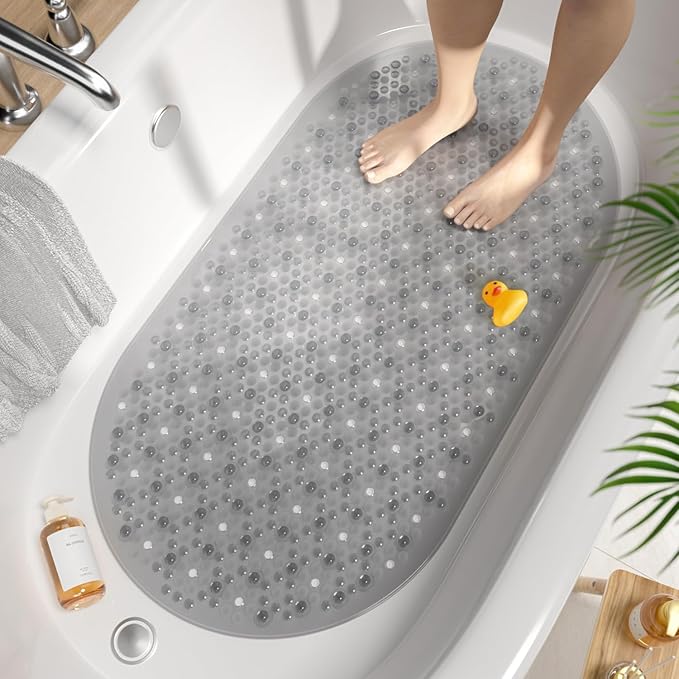 HITSLAM Oval Bath Mat Non Slip Anti Mould, 68 x 38 CM Anti Slip Shower Mat for Bathroom, Machine Washable Bubble Bathtub mat with Suction Cups and Drain Holes, Soft on Feet, Grey