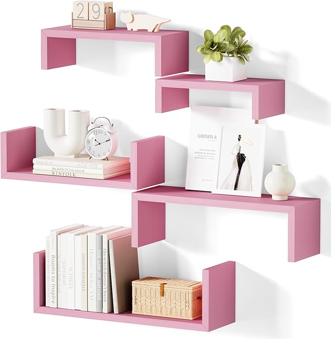 SRIWATANA Floating Shelves for Wall Set of 5, Wooden Wall Shelves for Wall Decor, Storage White Shelves for Bedroom, Living room, Bathroom, Kitchen Wall Mounted (Pink)