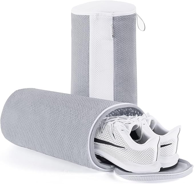 Shoe Washing Machine Bag 2Pcs, Fluffy Fibers Keep 360° Wrap-around Cleaning, Trainer Washing Machine Bag Durable Hidden Zipper Reusable for Shoes and Clothing, for Sneakers, Dolls (Grey)
