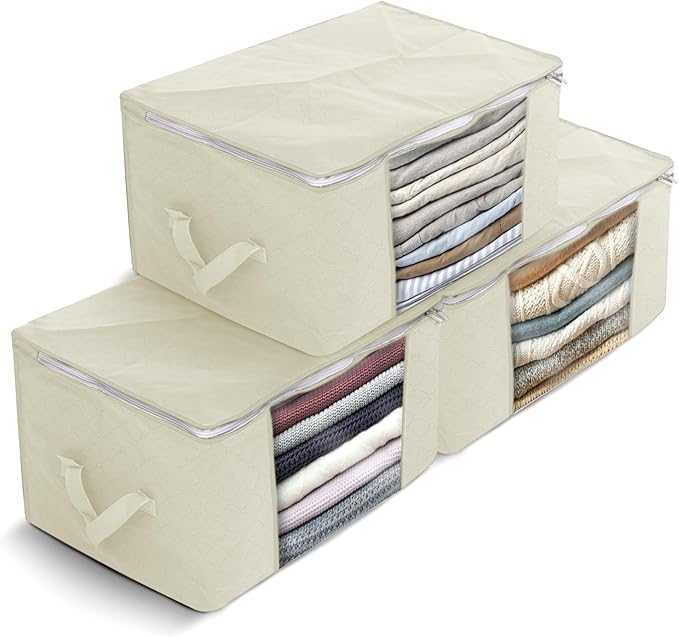 Delka 90L Storage Bags with Lids, Large Storage Boxes with lids, Storage Unit for Clothes, Duvets, Blankets, Toys, Pack of 3 Foldable Organizers with Reinforced Handles and Clear Window (Beige)