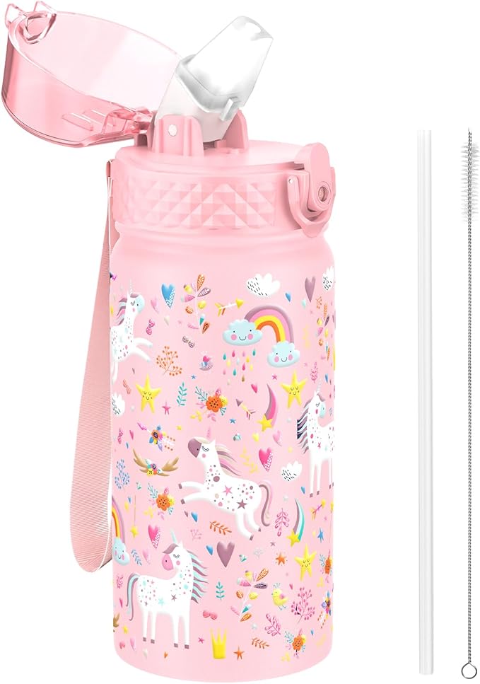GOPPUS 420ml/14oz Kids Insulated Water Bottle with Straw Cute Double Wall Stainless Steel Child's Small Flask Vacuum Insulated Steel Metal Leak Proof Drink Flask Boys Toddler Girls Bottles BPA-Free