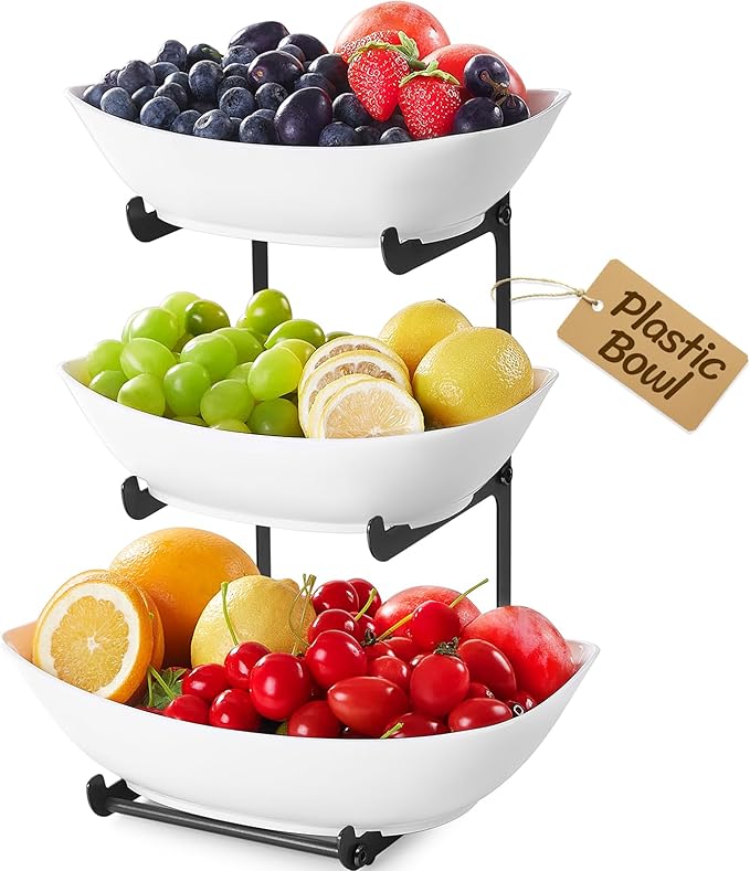 Lifewit Fruit Bowl, 3 Tier Fruit Holder for Kitchen Countertop, Plastic Food Basket with Metal Stand, Serving Tray for Food, Medium Capacity Snack Cake Berry Storage Rack in Party, White and Black