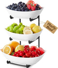 Lifewit Fruit Bowl, 3 Tier Fruit Holder for Kitchen Countertop, Plastic Food Basket with Metal Stand, Serving Tray for Food, Medium Capacity Snack Cake Berry Storage Rack in Party, White and Black