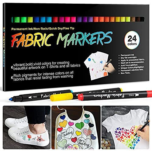 ZWB01 24 Fabric Pens Permanent for Clothes - 24 Neon & Earth Tones, 1mm Tips, Quick-Dry, Washable, Safe on Textile & Canvas