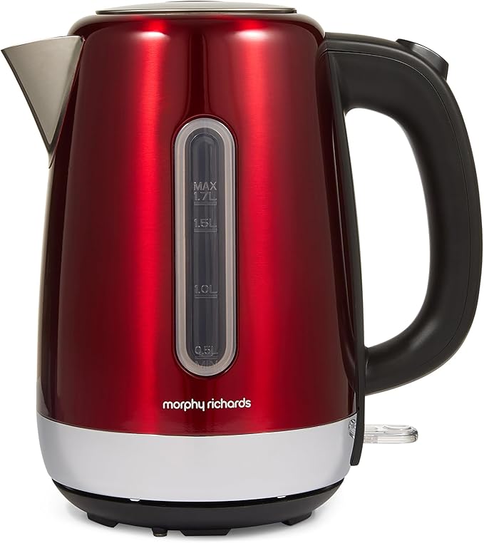 Morphy Richards Equip Jug Kettle, 1.7L, 3Kw Rapid boil, Removeable Limescale Filter, Easy View Water Gauge, Stainless Steel Case, Red, 102785
