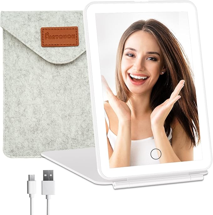 FUNTOUCH Rechargeable Travel Makeup Vanity Mirror with 72 LED Lights, Portable Lighted Makeup Beauty Mirror, 3 Lighting Modes, Dimmable Touch Screen, Tabletop Folding Cosmetic Mirror with Storage Bag