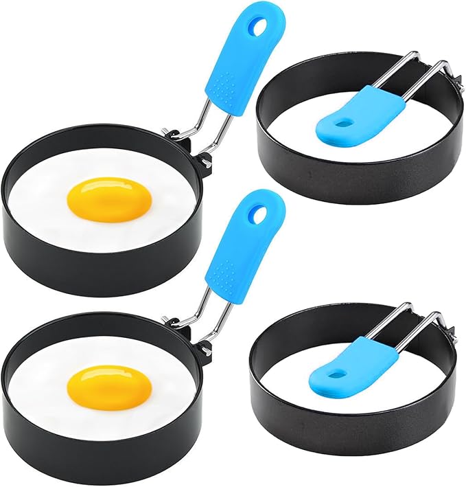 4pcs Egg Rings for Frying, Stainless Steel Egg Rings with Anti-Scald Folding Handle, Non Stick Fried Egg Rings for Household Kitchen Cooking Egg Frying Breakfast Mini Burger