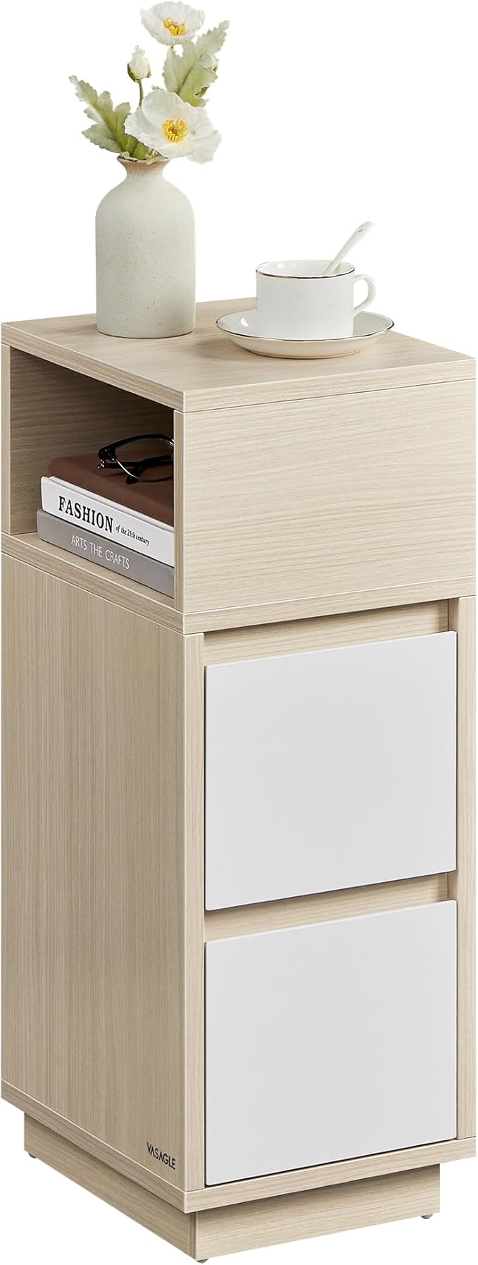 VASAGLE KAILYN Collection - Slim Bedside Table, Small Narrow Side End Table with Drawers, Flexible Open Compartment, for Bedroom, Living Room, Natural Beige and Cloud White LET656N01