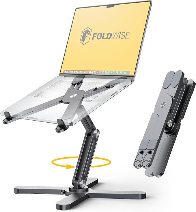 FoldWise X Premium Laptop Stand for Desk - 100% Aluminium, Portable & 360° Rotating - Adjustable Height & Angles Laptop Riser - Sturdy & Foldable MacBook Stand Compatible with All 11-18” Devices