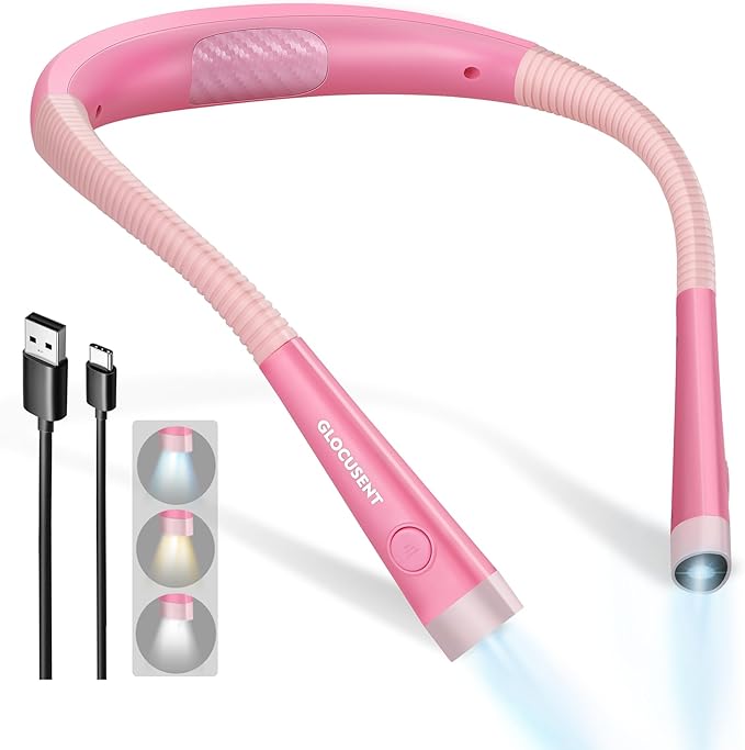 Glocusent LED Neck Reading Light, Book Light for Reading in Bed, 3 Colors, 6 Brightness Levels, Bendable Arms, Rechargeable, Long Lasting, Perfect for Reading, Knitting, Camping(Pink)