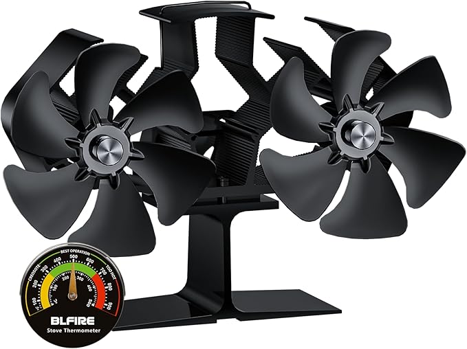 Wood Stove Fan Silent Operation | Eco-friendly 12-Blade Log Burner Fan | Heat Powered Fireplace/Log Burner Accessories for Wood Burner/Burning Stove with Log Burner Thermometer