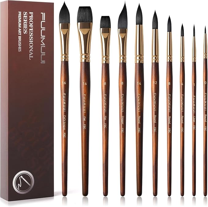 Fuumuui 10Pcs Professional Watercolour Brushes, Synthetic Squirrel Hair Brush Set Variety Shapes with Round Pointed, Flat, Cat's Tongue, Dagger for Watercolour Acrylic Gouache Inks Painting