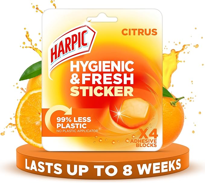 Harpic Hygienic Fresh Sticker Adhesive Toilet Block, Citrus , Pack 1 x 4 Stickers, Toilet Freshener, No Plastic Applicator, Up to 8 weeks of Freshness