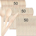 150pcs Disposable Wooden Cutlery Set, Excellent quality, Eco Friendly Biodegradable & Compostable For Party Picnic Office Wedding & Indoor/Outdoor use, Deep spoons strong forks sharp knives.