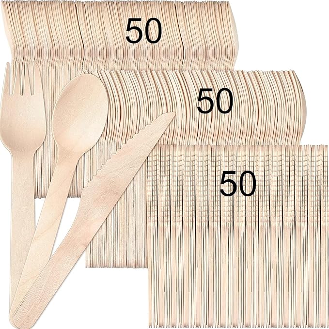 150pcs Disposable Wooden Cutlery Set, Excellent quality, Eco Friendly Biodegradable & Compostable For Party Picnic Office Wedding & Indoor/Outdoor use, Deep spoons strong forks sharp knives.