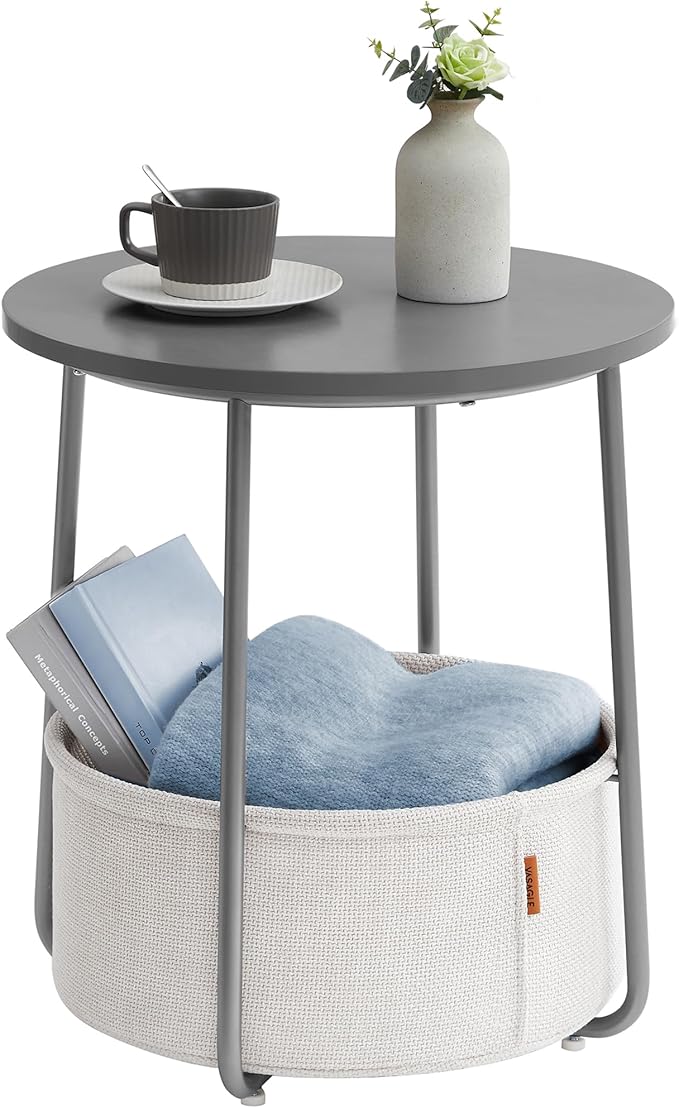 VASAGLE Side Table, Round End Table with Fabric Basket, Spacious, for Living Room Bedroom, Bedside Table, Modern Style, Cement Grey and Cloud White LET223G49