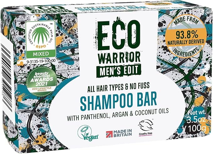 Eco Warrior Men’s Edit Shampoo Bar, 100g | Natural, Vegan, Cruelty Free, Eco Friendly | Cleansing and Moisturising Shampoos with Argan and Coconut Essential Oils | No SLS or Parabens | Mens Gift