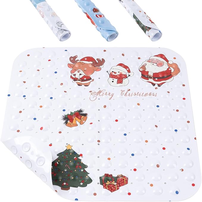 HITSLAM Christmas Shower Bath Mat Non Slip Anti Mould, 53 x 53cm Square Festive Christmas Shower Mat for Bathroom, Machine Washable Bathtub Mat Anti Slip With Suction Cups and Drain Holes, White
