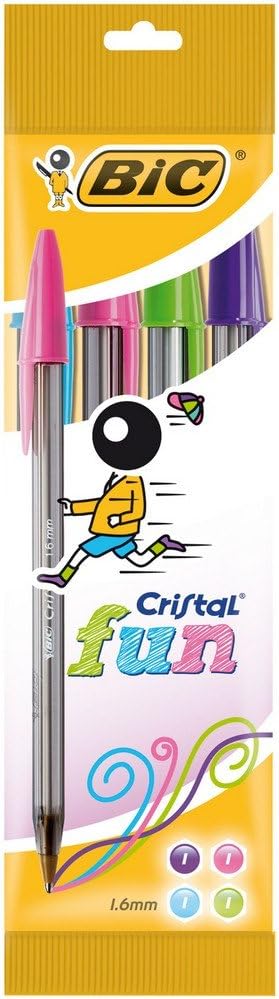BIC Cristal Fun Ballpoint Pens - Pack of 4- Assorted Colours - Wide Point (1.6 mm) - Exciting and Eye-Catching Colours for Writing