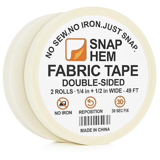 Double-Sided Fabric Tape (2 Rolls, 1/4" + 1/2") – No Sew, No Iron Hem Tape for Quick Non-Washable Fixes – Light to Medium Fabrics, Remove Before Washing (1/4inch&1/2inch)