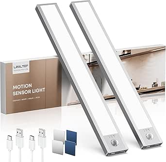 Under Cabinet Kitchen Lights Motion Sensor Dimmable 21cm 1500mAh 6500K LED Under Counter USB-C Rechargeable Wardrobe Sensor Indoor Night Lights for Kitchen Shelf Stairs Closet 2 Pack