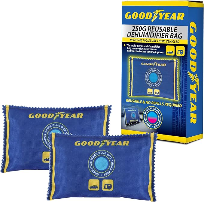 Goodyear 2 Pack Large Car Dehumidifier Bags | Reusable | Anti Mist Moisture Damp Condensation Absorbing Bag | Absorbtion Indicator Window