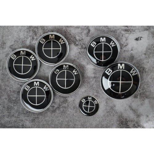 Full Set of BMW Full Black Boot Bonnet Badges Alloy wheel caps x7
