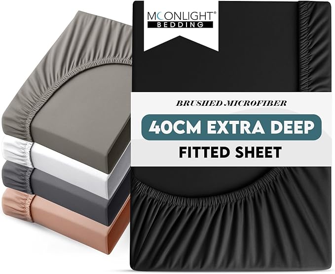 Moonlight Bedding Fitted Sheet 40 Cm Extra Deep Pocket Bed Sheets 16 inch Ultra Soft Bottom Sheet Brushed Microfiber Breathable Shrinkage and Fade Resistant (Black, Double)