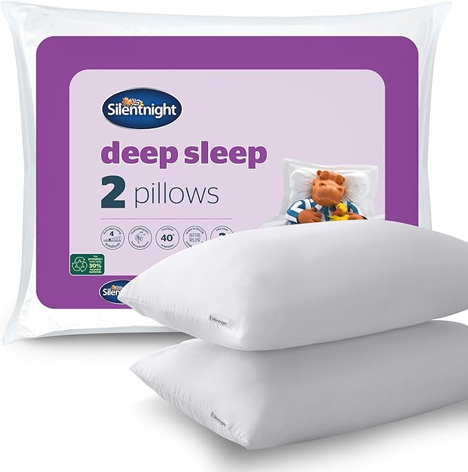 Silentnight Deep Sleep Pillows 2 Pack – Medium Support Comfortable Hollowfibre Bed for Front, Back and Side Sleepers Machine Washable Hypoallergenic of Standard Size, White