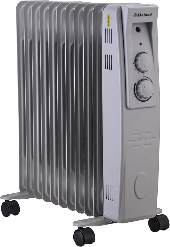 Belaco 2500W Oil Filled Radiator Heater, 11 Fin Portable Electric Radiator with Adjustable Thermostat, Energy Saving Quiet Room Heater with Wheels & Safety Cut-Off, for Home & Office - Grey