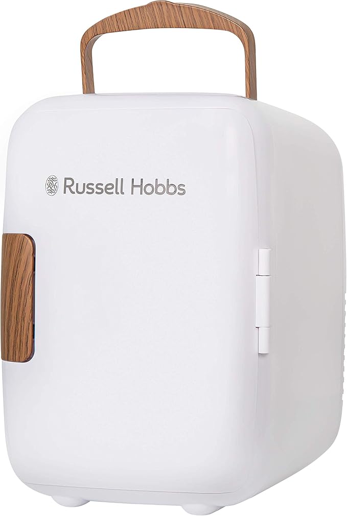 Russell Hobbs RH4CLR1001SCW 4L/6 Can Mini Portable Cooler & Warmer for Drinks, Cosmetics/Makeup/Skincare, AC/DC Power, Scandi Style, White & Wood Effect, For Bedroom, Home, Caravan, Car[Energy Class A+]