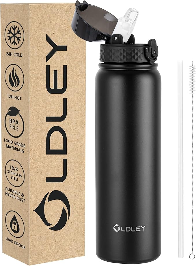 OLDLEY Stainless Steel Water Bottle with Straw 1L Vaccum Insulated Large Drink Flask Metal Water Bottles 1 Litre Leakproof Keep Drinks Hot Cold for Bike Sports Gym Adult Women Men(Black,1 Lid)