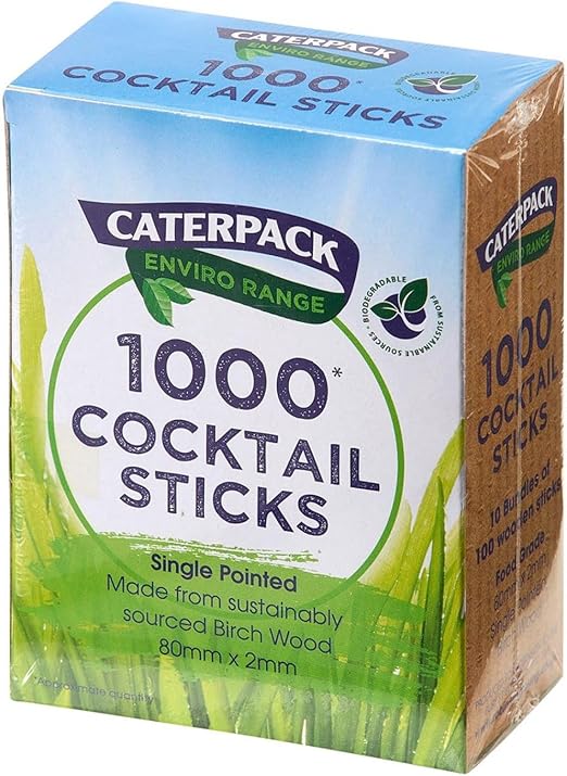 Caterpack Enviro Range Cocktail Sticks, Fully Recyclable and Biodegradable, Made from sustainably sourced Birchwood. Perfect for BBQ's/Parties/Food Services, 1000 Pack
