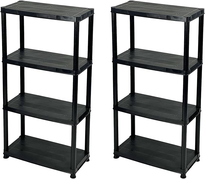 Addis 4 Tier Plastic Storage Shelving Units Twin Pack – Durable Freestanding Organiser for Garage, Shed, Utility Room, or Home – Space-Saving Easy Assembly Plastic Black