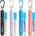 Kynup Metal Reusable Drinking Straw, 4 Pack Portable Collapsible Straws with Case,18/10 Stainless Steel Metal Travel Keychain Straws, Adjustable Length up to 23cm, 6mm Diameter, Cleaning Brush