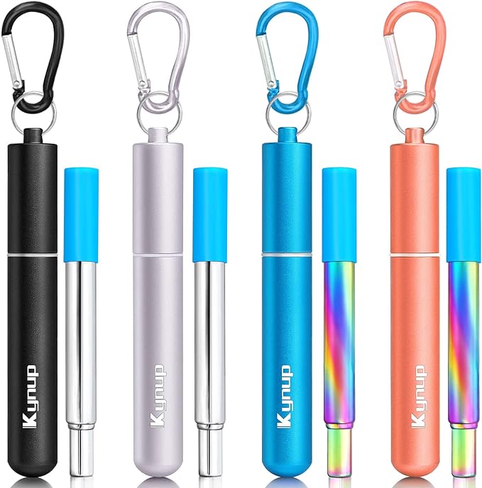 Kynup Metal Reusable Drinking Straw, 4 Pack Portable Collapsible Straws with Case,18/10 Stainless Steel Metal Travel Keychain Straws, Adjustable Length up to 23cm, 6mm Diameter, Cleaning Brush