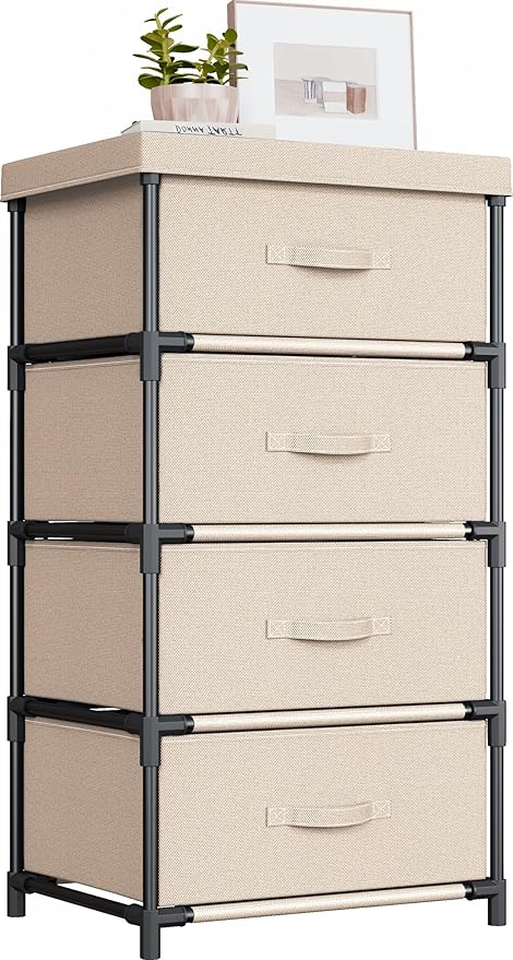 Fabric Chest of Drawers Bedroom, 4 Drawers Storage Unit with Sturdy Steel Frame, Dresser Drawers for Bedroom, Living Room, Hallway, Office and Closet - Beige