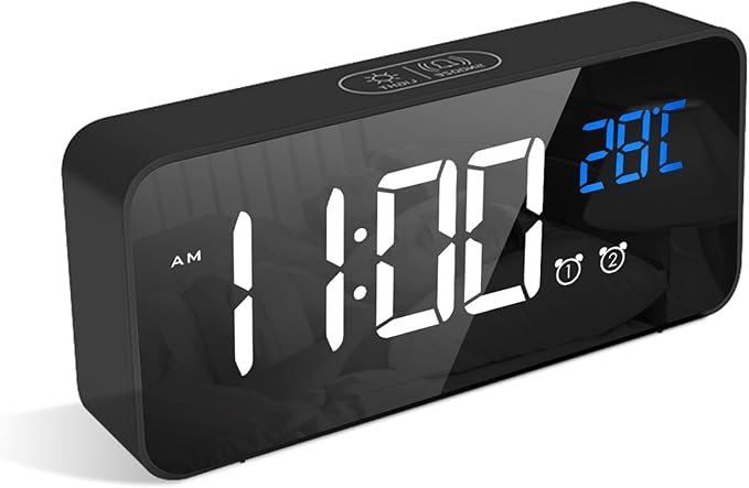 LATEC Digital Alarm Clock with Big LED Temperature Display, Bedside Clock with 10 Alarm Sounds, 4 Levels Adjustable Brightness Dimmer, Snooze,with Dual Alarm